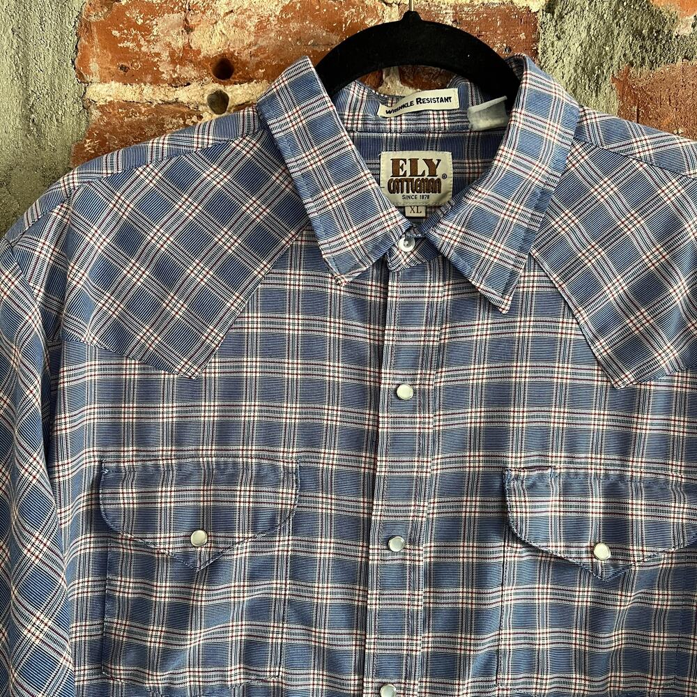 Ely Cattlemqn Men's Blue Plaid Pearl Snap Shirt XL 25x31